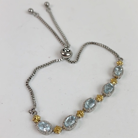 Blue CZ topaz, gold plated silver chain bracelet - Picture 1 of 4